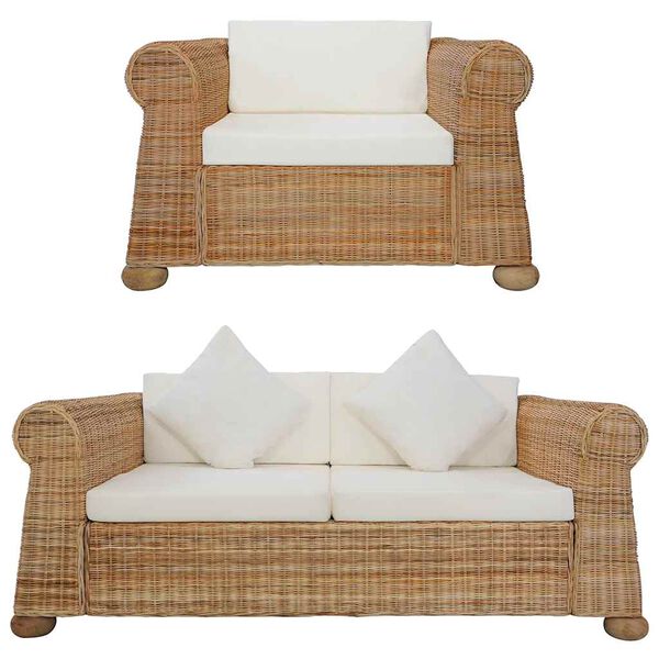 vidaXL Комплект мека мебел от 2 части, с възглавници, естествен ратан