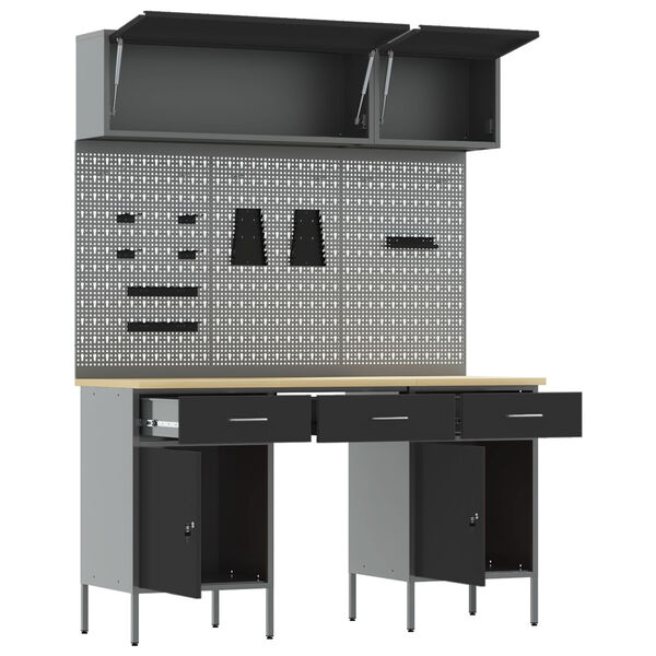 vidaXL Работна маса с чекмедже 8 pcs Черно 150 x 55 x 200 см Стомана