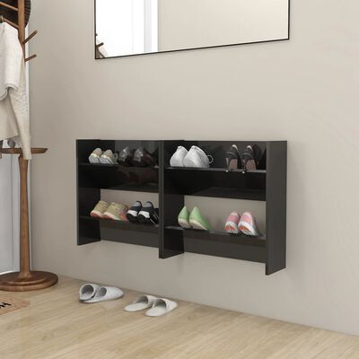 vidaXL Стенни шкафове за обувки, 2 бр, черен гланц, 60x18x60 см, ПДЧ