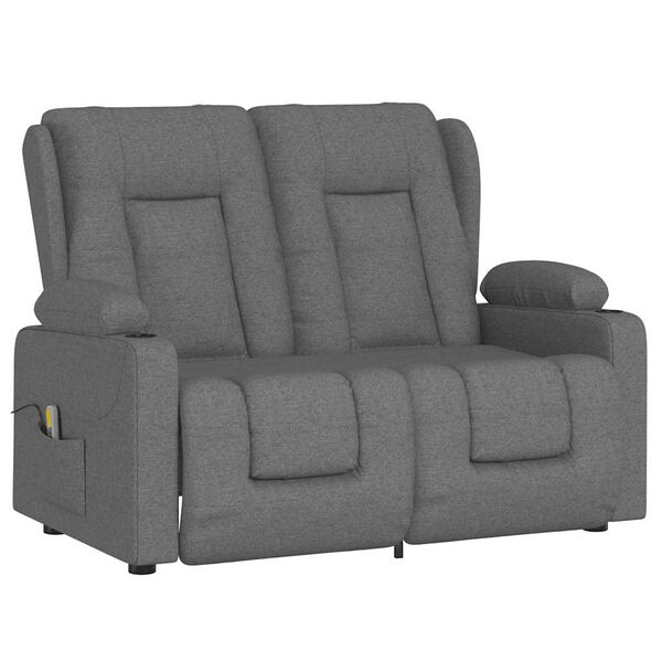 vidaXL 2-местен масажен реклайнер с държачи за чаши светлосив текстил