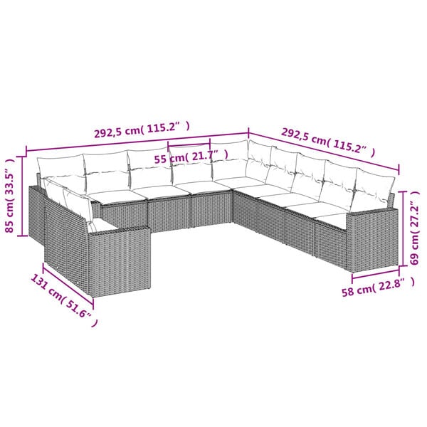 vidaXL Градински диван с възглавници, 11 части, бежов полиратан