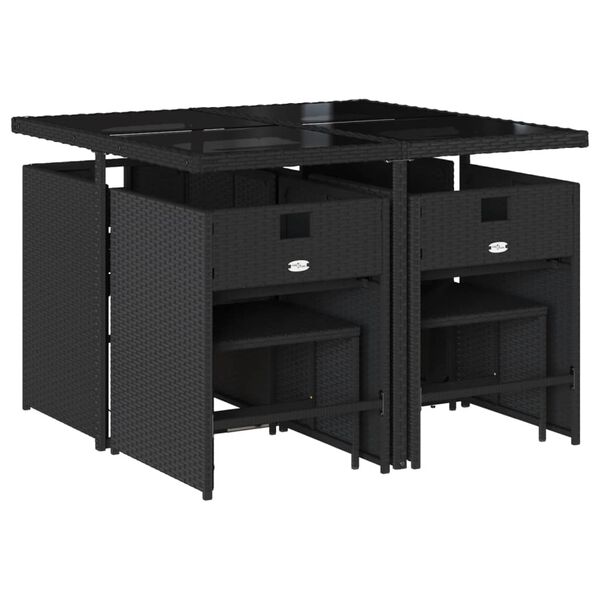 vidaXL Градински трапезен комплект възглавници 9 части черен полиратан