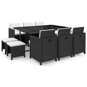 vidaXL Градински комплект с възглавници, 11 части, черен полиратан
