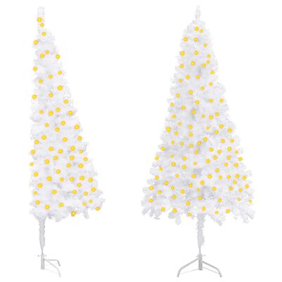 vidaXL Ъглова изкуствена осветена коледна елха, бяла, 210 см, PVC