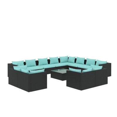 vidaXL Градински комплект с възглавници, 13 части, черен, полиратан