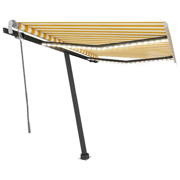vidaXL Ръчно прибиращ се сенник с LED, 350x250 см, жълто и бяло