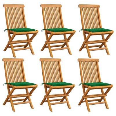 vidaXL Градински столове със зелени възглавници 6 бр тик масив