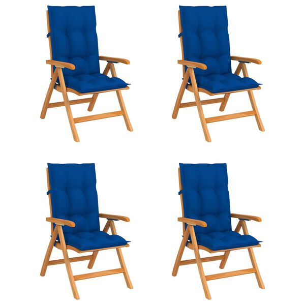 vidaXL Накланящи градински столове с възглавници, 4 бр, тик масив