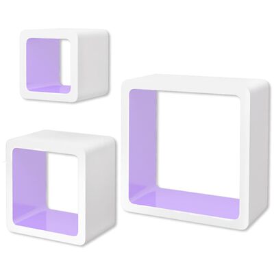 Стенни рафтове за книги/DVD, MDF, бяло/лилаво, с форма на куб, 3 бр.
