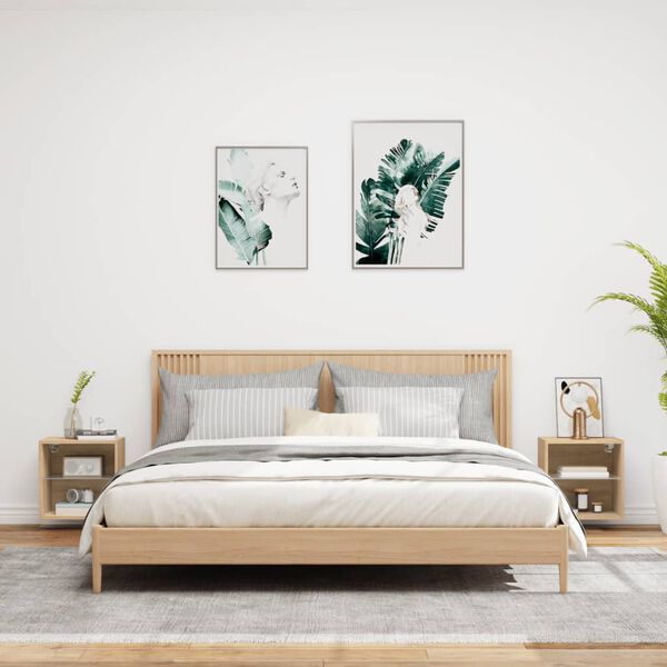 vidaXL Нощни шкафчета с LED осветление, стенни, 2 бр, сонома дъб