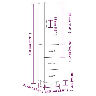 vidaXL Висок шкаф, бял гланц, 34,5x34x180 см, инженерно дърво
