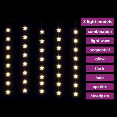 vidaXL LED завеса от светещи звезди, 200 LED, топло бяло, 8 режима