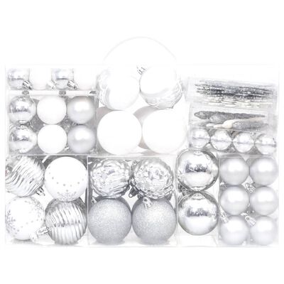 vidaXL Комплект коледни топки от 108 части, сребристо и бяло