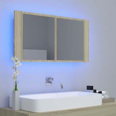 vidaXL Шкаф с LED огледало за баня, дъб сонома, 90x12x45 см, акрил