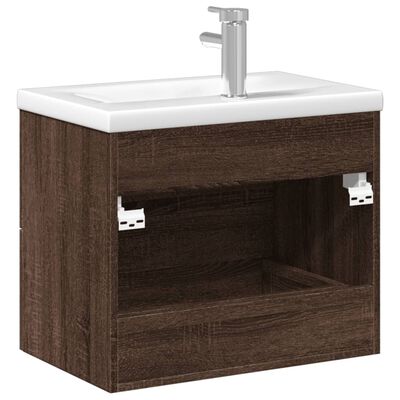 vidaXL Шкаф за мивка за баня с вградена мивка, кафяв дъб