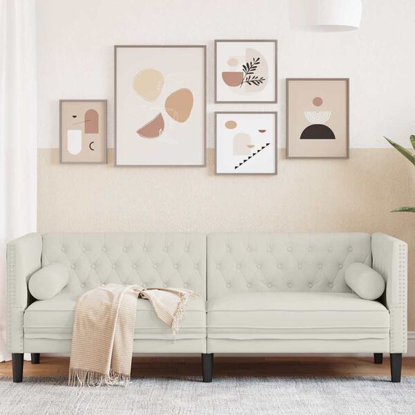 vidaXL Честърфийлд диван с болстери, 3-местен, кремави, кадифе