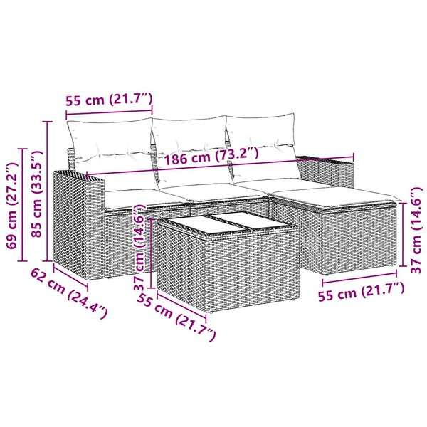 vidaXL Градински комплект с възглавници, 5 части, черен полиратан