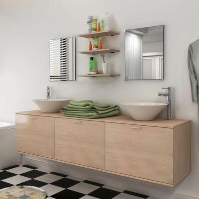 vidaXL комплект мебели за баня от 8 части и мивки, бежов цвят