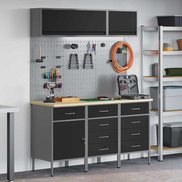 vidaXL Комплект работни шкафове с чекмедже със съхранение 8 pcs Черно