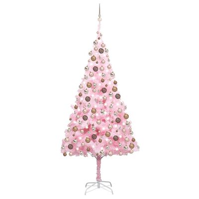 vidaXL Изкуствена осветена коледна елха с топки розова 210 см PVC