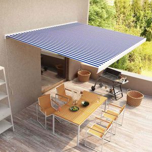vidaXL Ръчна касетъчна тента, 400x300 см, синьо и бяло