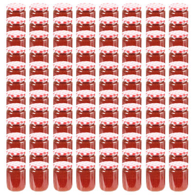 vidaXL Стъклени буркани за сладко с бяло-червени капачки 96 бр 230 мл