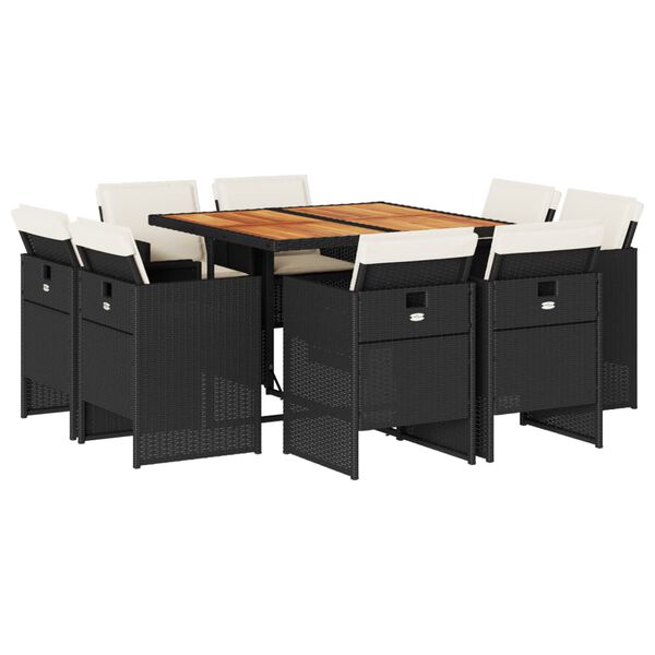 vidaXL Градински трапезен комплект възглавници 9 части черен полиратан