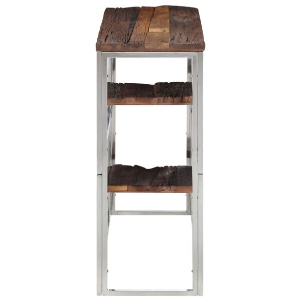 vidaXL Конзолна маса, сребриста, инокс и дърво от траверси масив