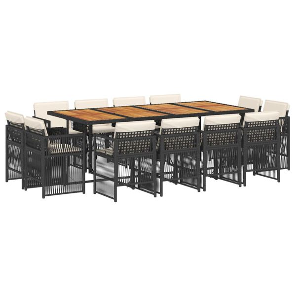 vidaXL Външен трапезен комплект 13 части с възглавници черен полиратан
