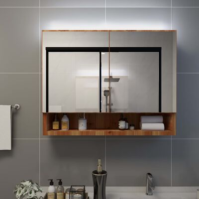 vidaXL Шкаф с LED огледало за баня, дъб, 80x15x60 см, МДФ