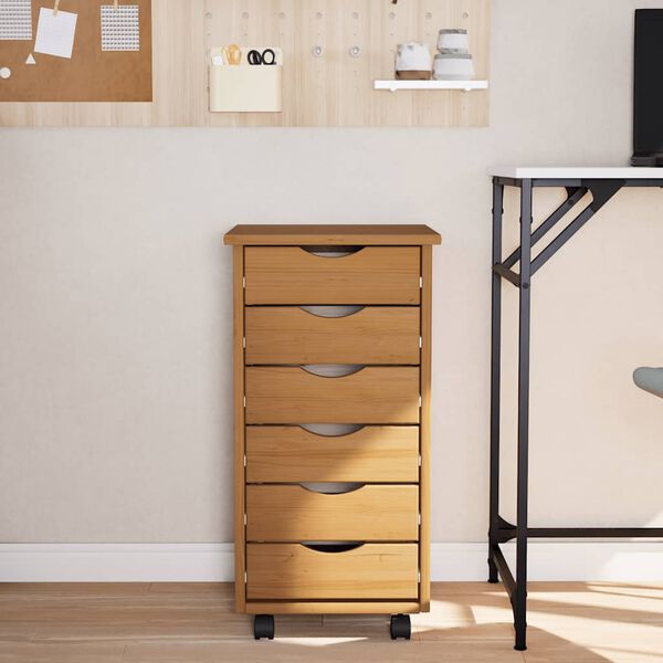 vidaXL Шкаф с чекмеджета на колелца MOSS, меденокафяв, бор масив