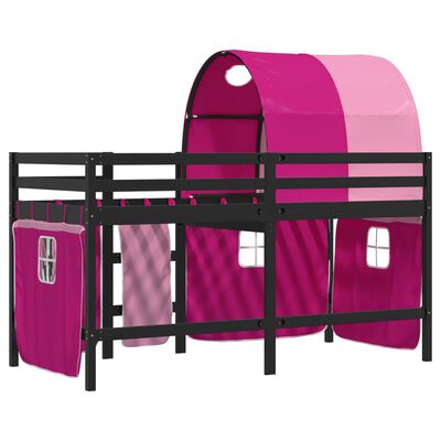vidaXL Детско високо легло с тунел, розово, 90x200 см, бор масив