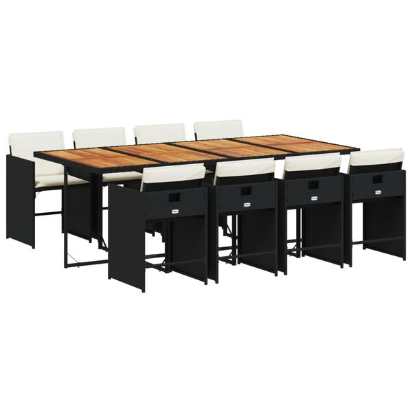 vidaXL Градински трапезен комплект възглавници 9 части черен полиратан