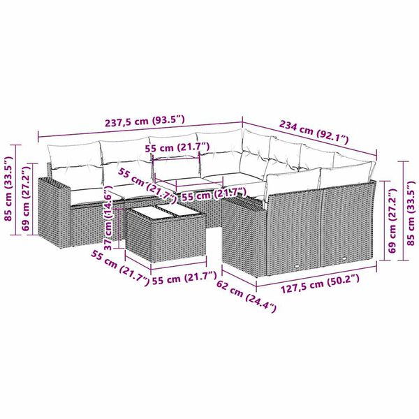 vidaXL Градински комплект с възглавници, 3 части, светлосив, полиратан