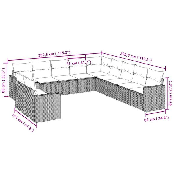 vidaXL Градински комплект с възглавници, 11 части, светлосив полиратан