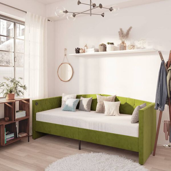 vidaXL Дневно легло с матрак, USB, светлозелено, кадифе, 90х200 см