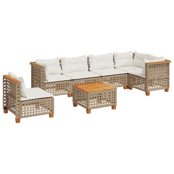 vidaXL Градински диван с възглавници, 7 части, бежов полиратан