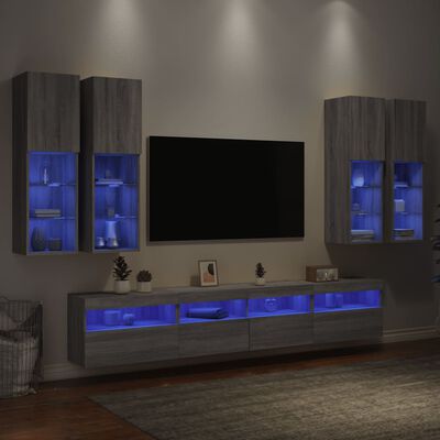 vidaXL Комплект ТВ стенни шкафове, 7 части, с LED светлини, сив сонома