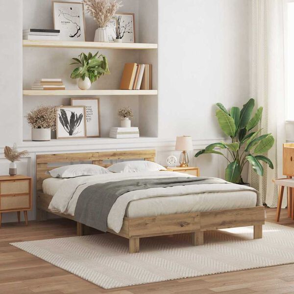 vidaXL Рамка за легло с LED с таблото Дъб 140 x 190 cm Инженерно дърво