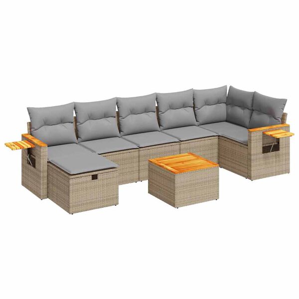 vidaXL Градински диван с възглавници, 8 части, бежов полиратан