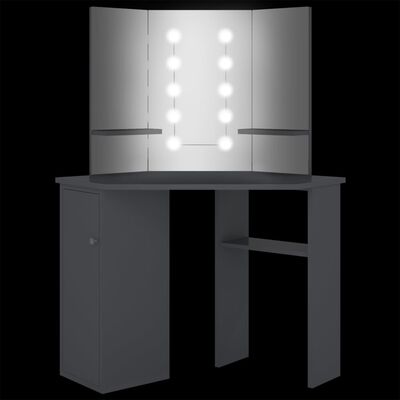 vidaXL Ъглова тоалетка с LED, сива, 111x54x141,5 см