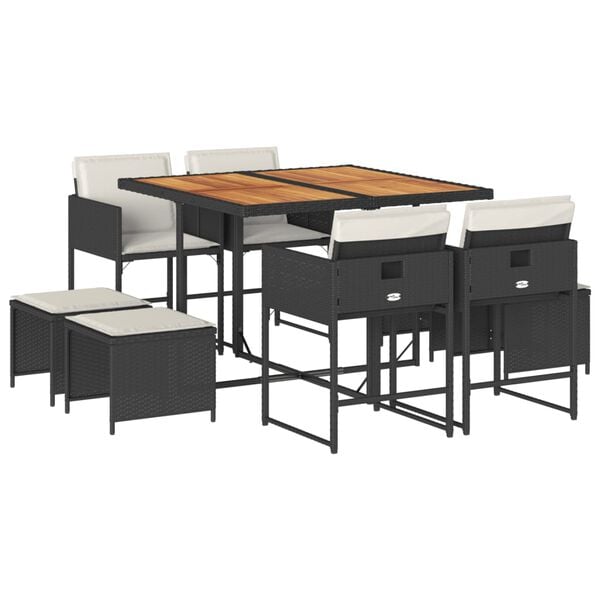 vidaXL Градински трапезен комплект възглавници 9 части черен полиратан