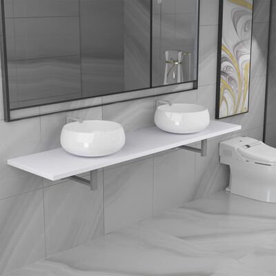 vidaXL Комплект мебели за баня от три части, керамика, бял