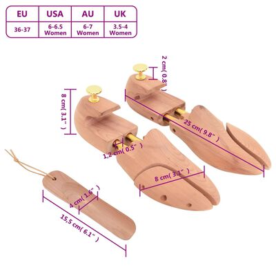 vidaXL Разширител за обувки с обувалка, EU 36-37, кедрово дърво масив