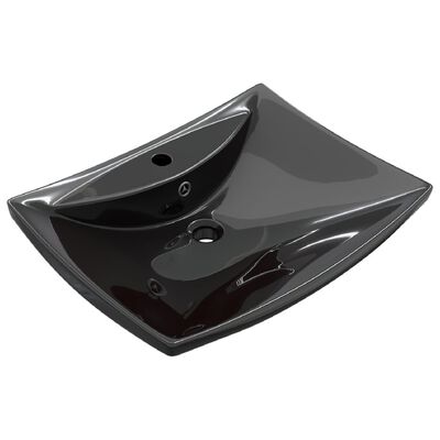 Черна керамична мивка с преливник и отвор за смесител, правоъгълна