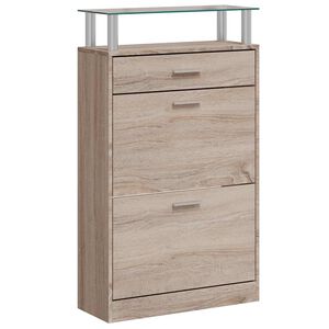 vidaXL Шкаф за обувки с чекмедже, горен стъклен плот, дърво, дъб
