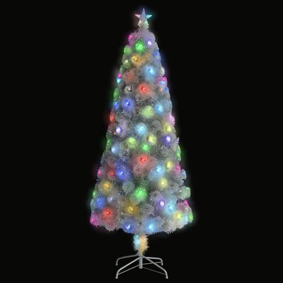 vidaXL Изкуствена осветена коледна елха бяла 210 см оптично влакно