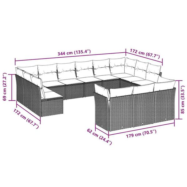 vidaXL Градински комплект с възглавници 13 части светлосив полиратан