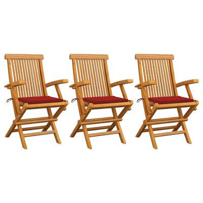 vidaXL Градински столове с червени възглавници 3 бр тиково дърво масив