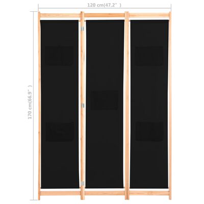 vidaXL Параван за стая, 3 панела, черен, 120x170x4 cм, текстил